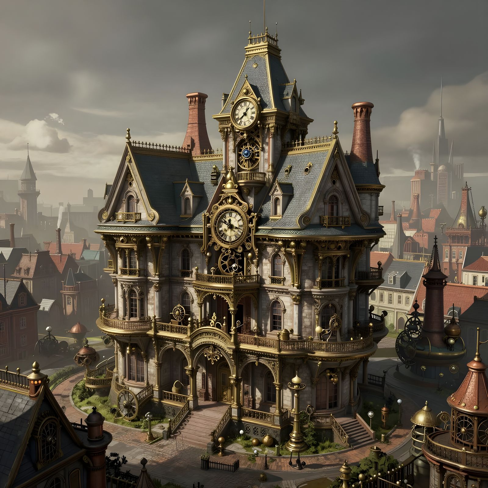 Grand Steampunk Mansion in a Bustling Cityscape