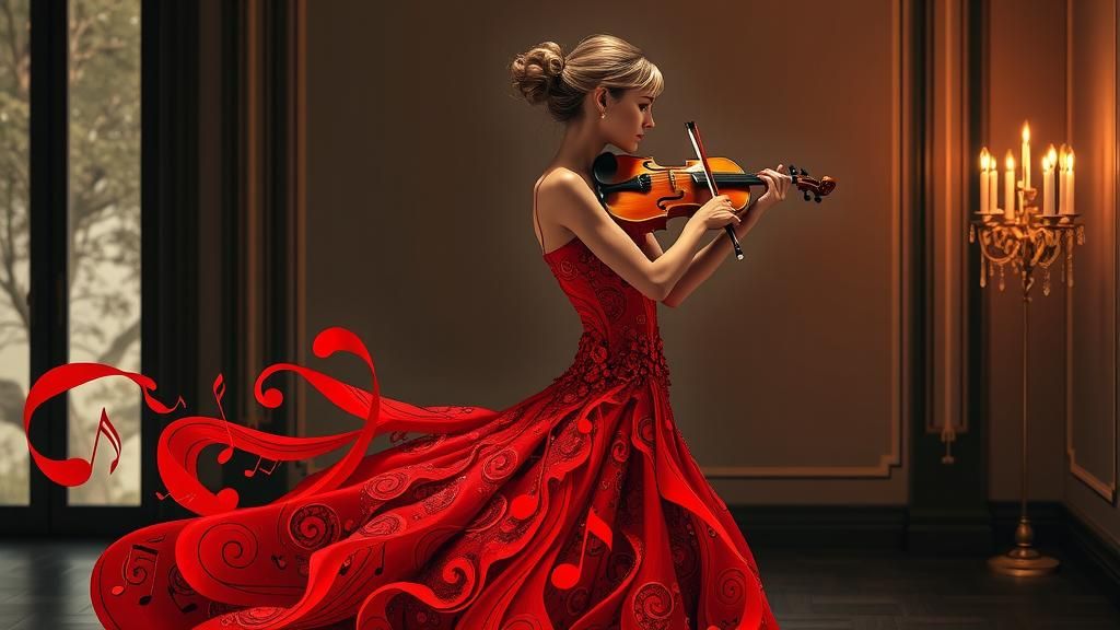 Violinist in Musical Note Gown, Abstract Digital Art