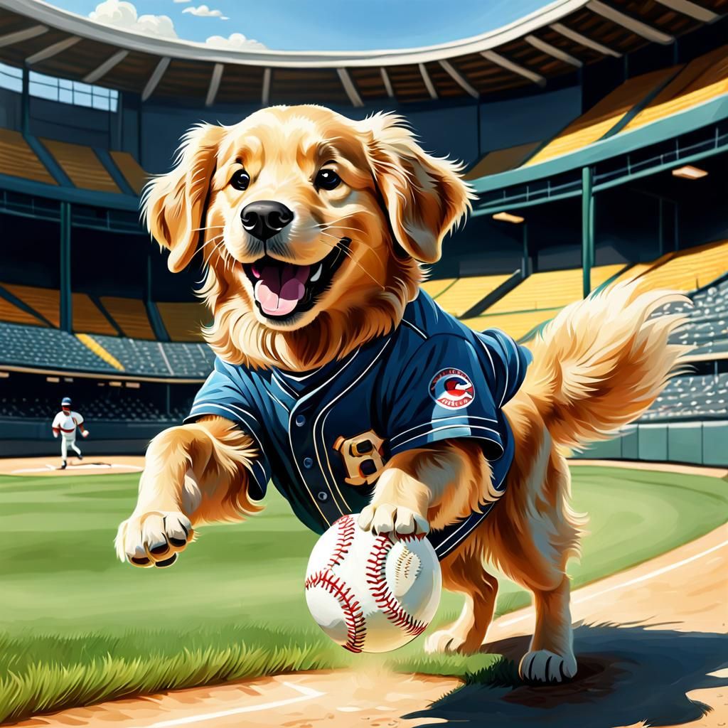 Golden Retriever playing baseball