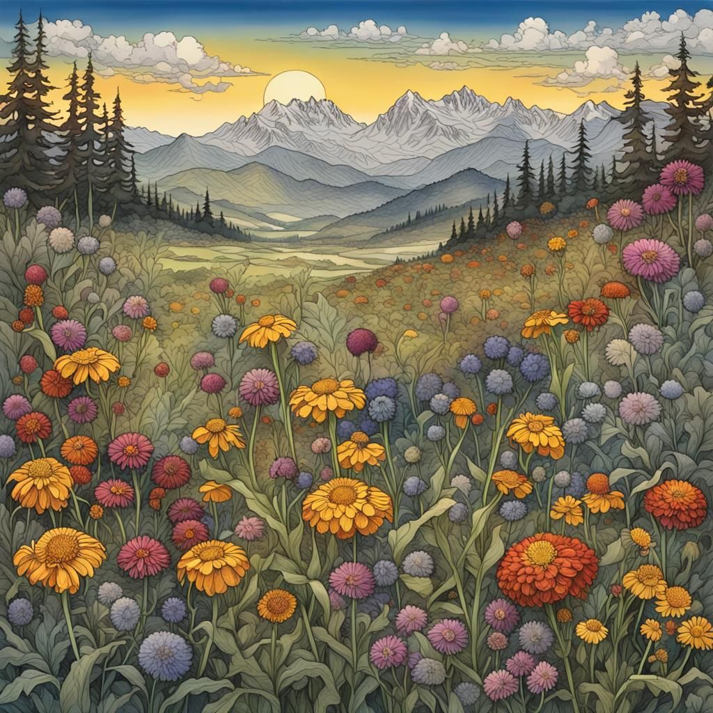 Summer Meadow Illustration in Arthur Rackham Style