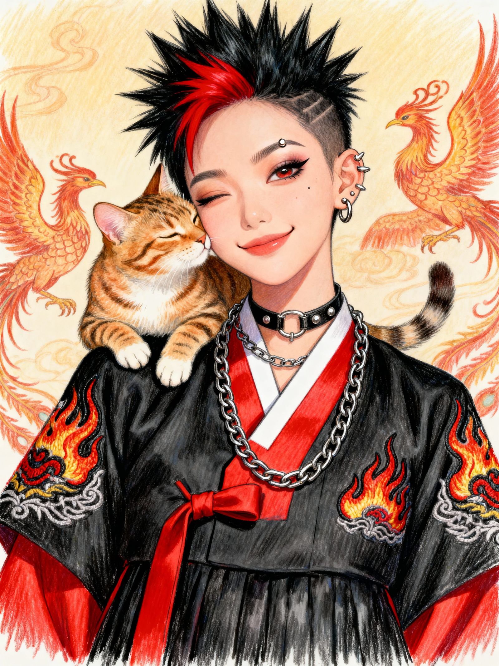 Manhwa Portrait of Korean Punk Woman with Tabby Cat