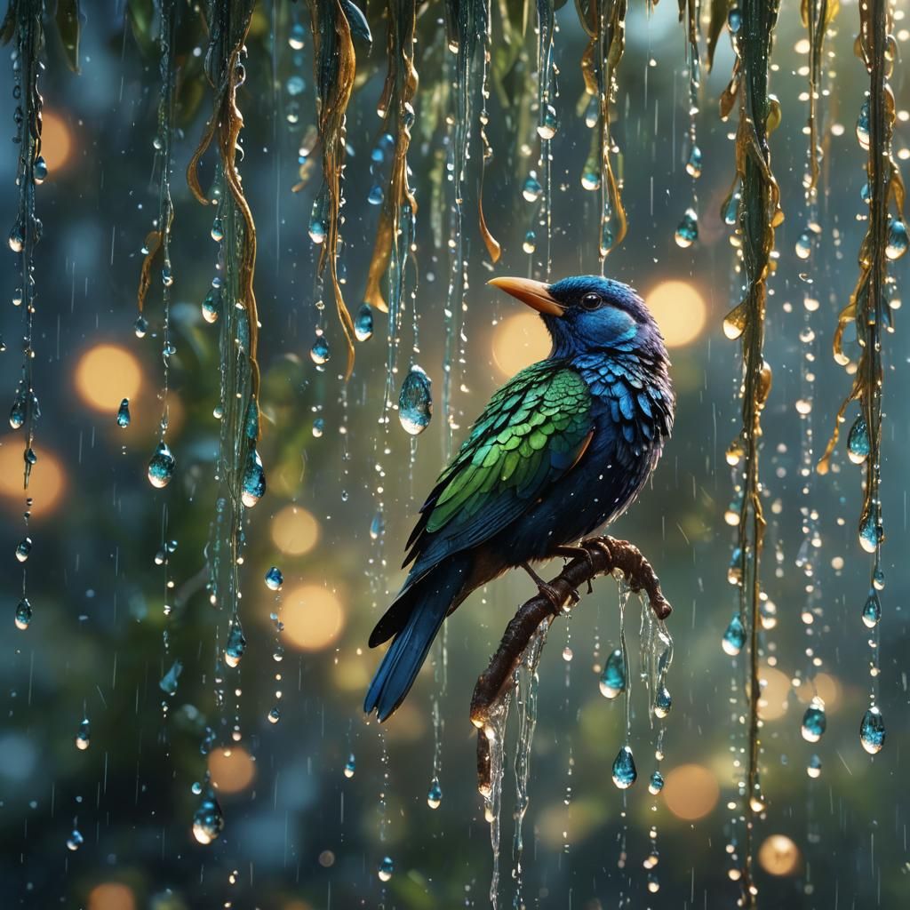 Iridescent Bird in Rain: Digital Matte Painting