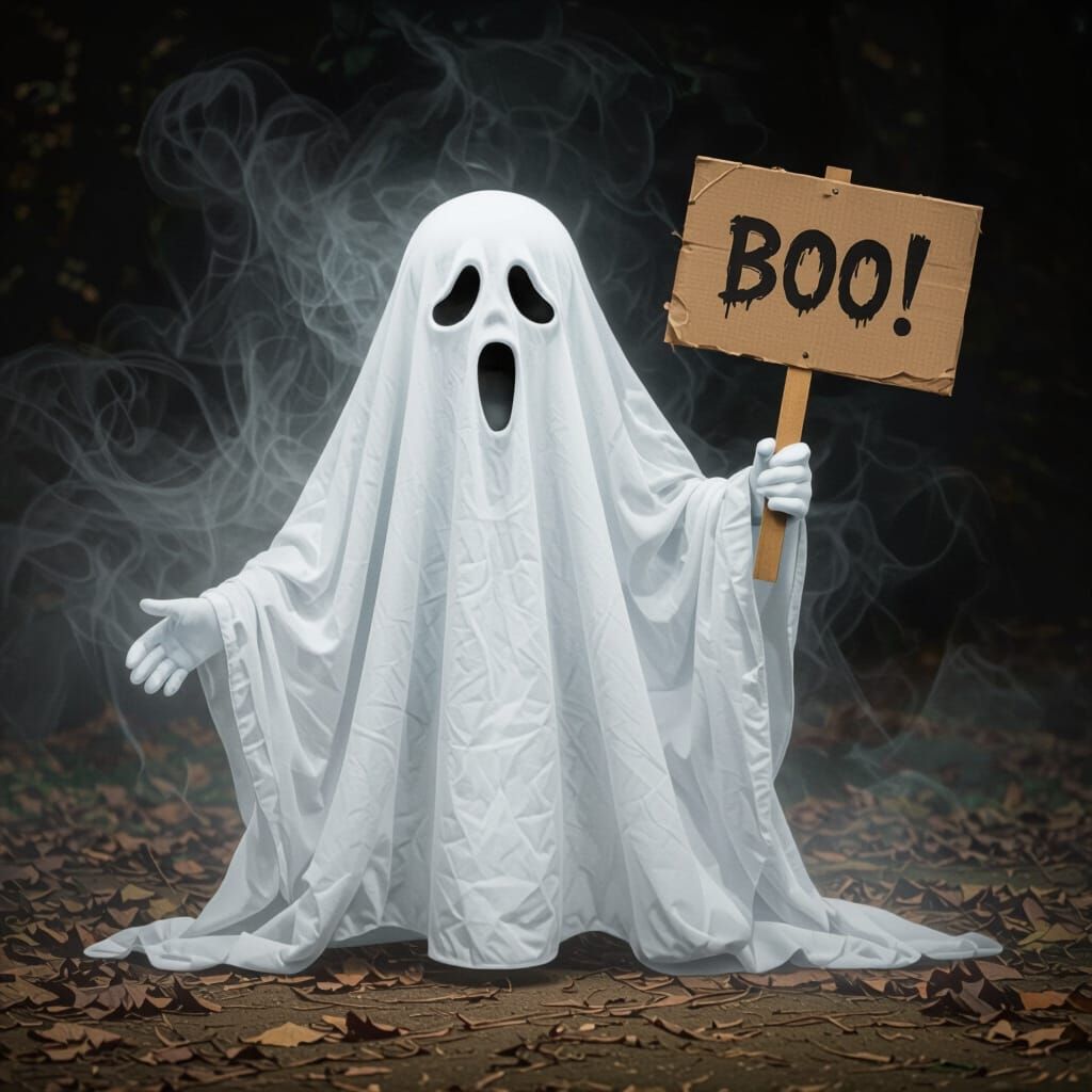 Scary Ephemeral Ghost with a Boo Sign