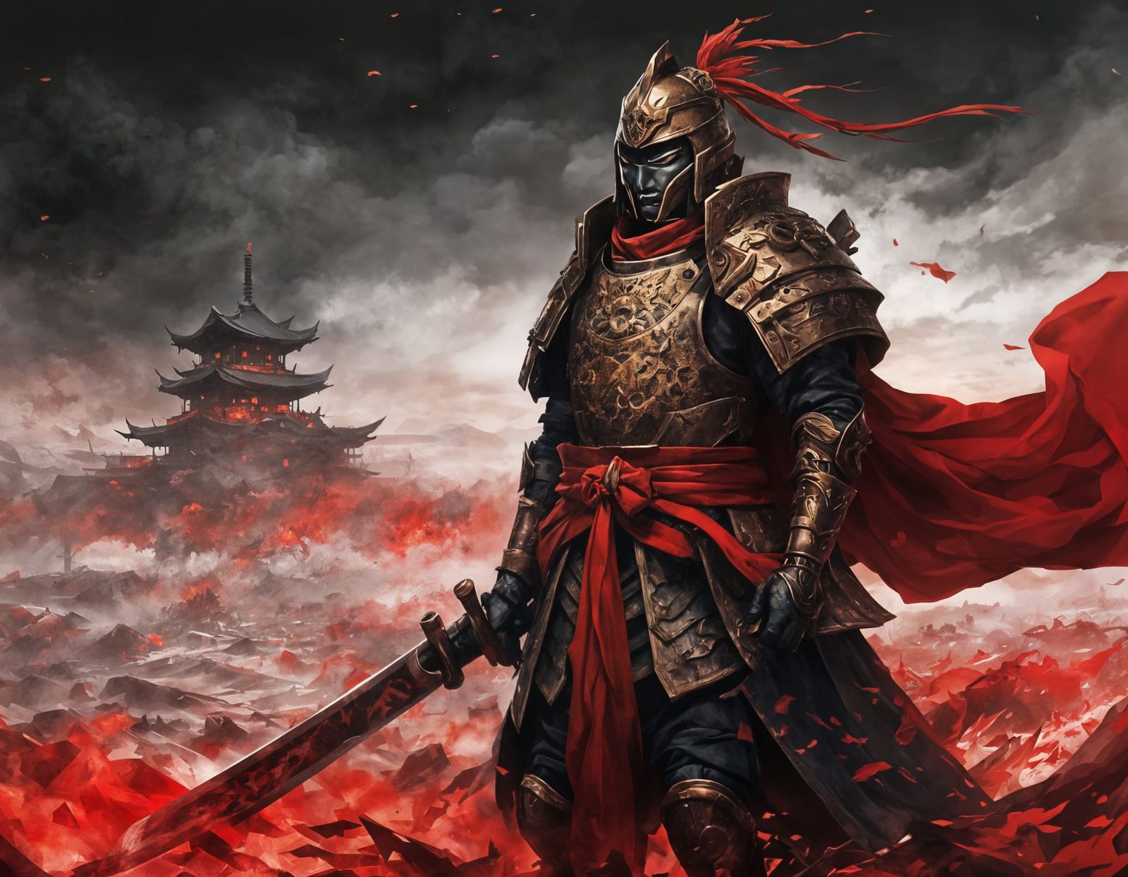 Dark Samurai in Gothic Futuristic Armor, Burning with Resolv...