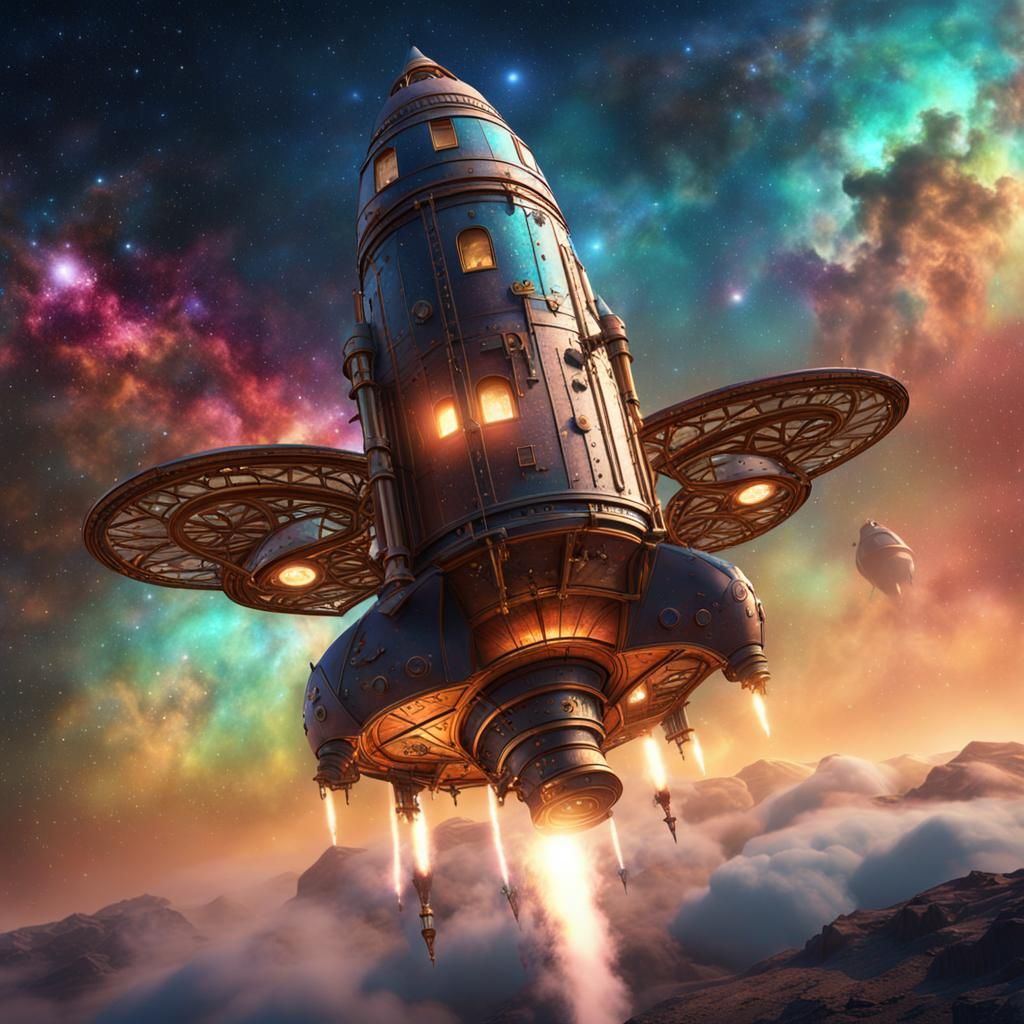 Art Nouveau Steampunk Rocket in the Milky Way