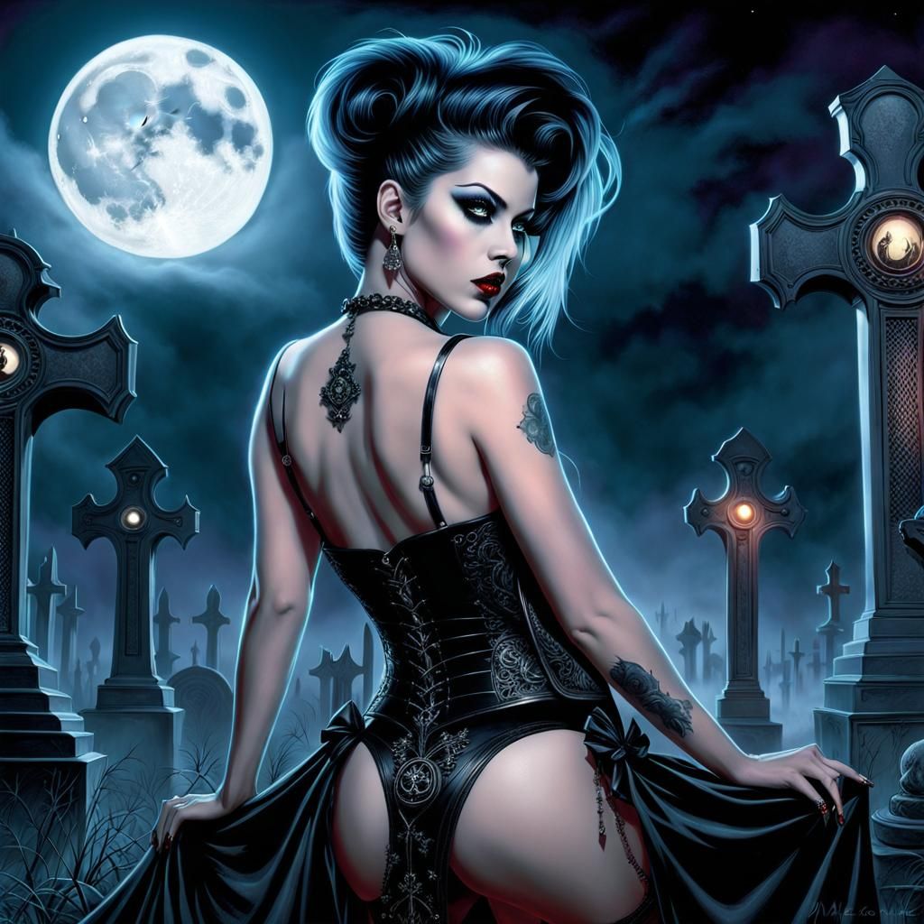 Gothic Pin-Up in Bioluminescent Graveyard
