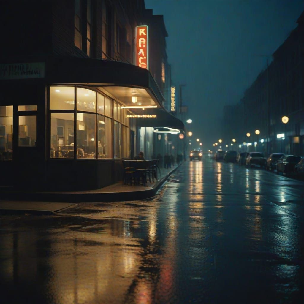 Film Noir Diner Scene on Rainy City Night