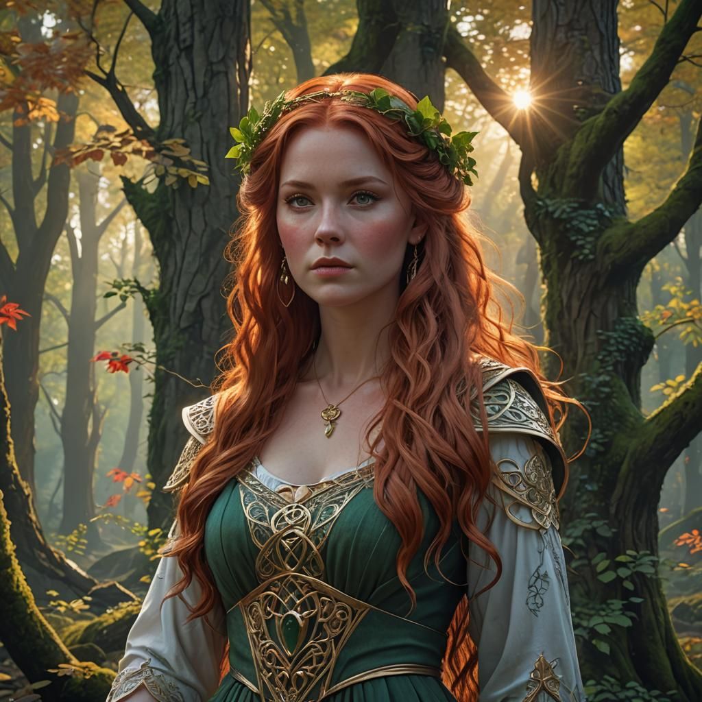 Celtic Woman Portrait in Forest Sunrise, Hyperdetailed Art