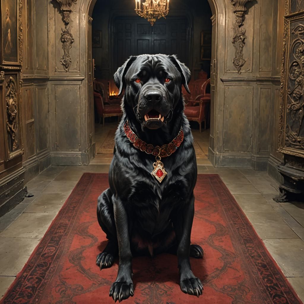 A snarling, hyperrealistic Giant Black Mastiff Pinhead dog, with fiery, glowing red eyes, from the movie Hellraiser, in ...