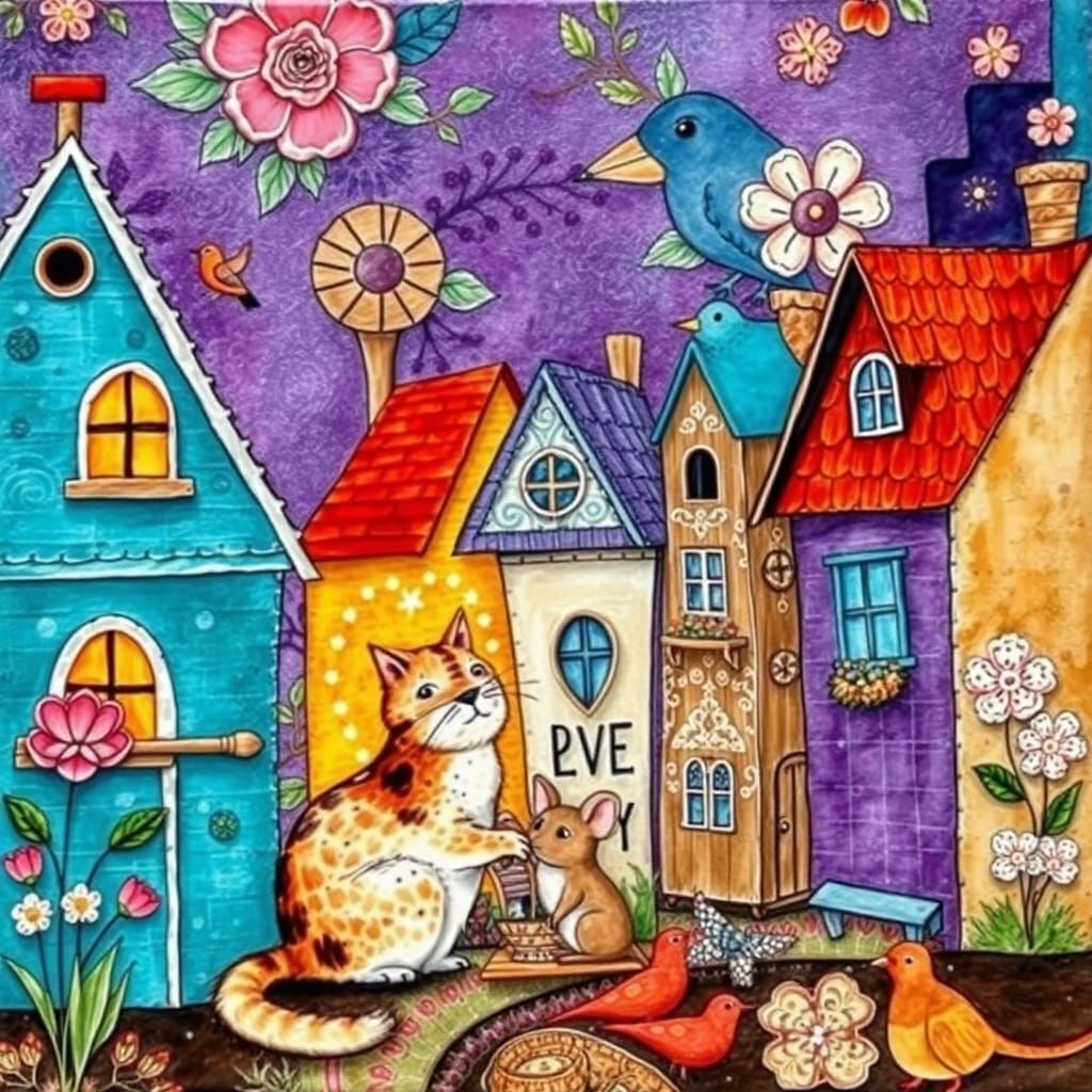 Whimsical Folk Art Village with Birds and Birdhouses