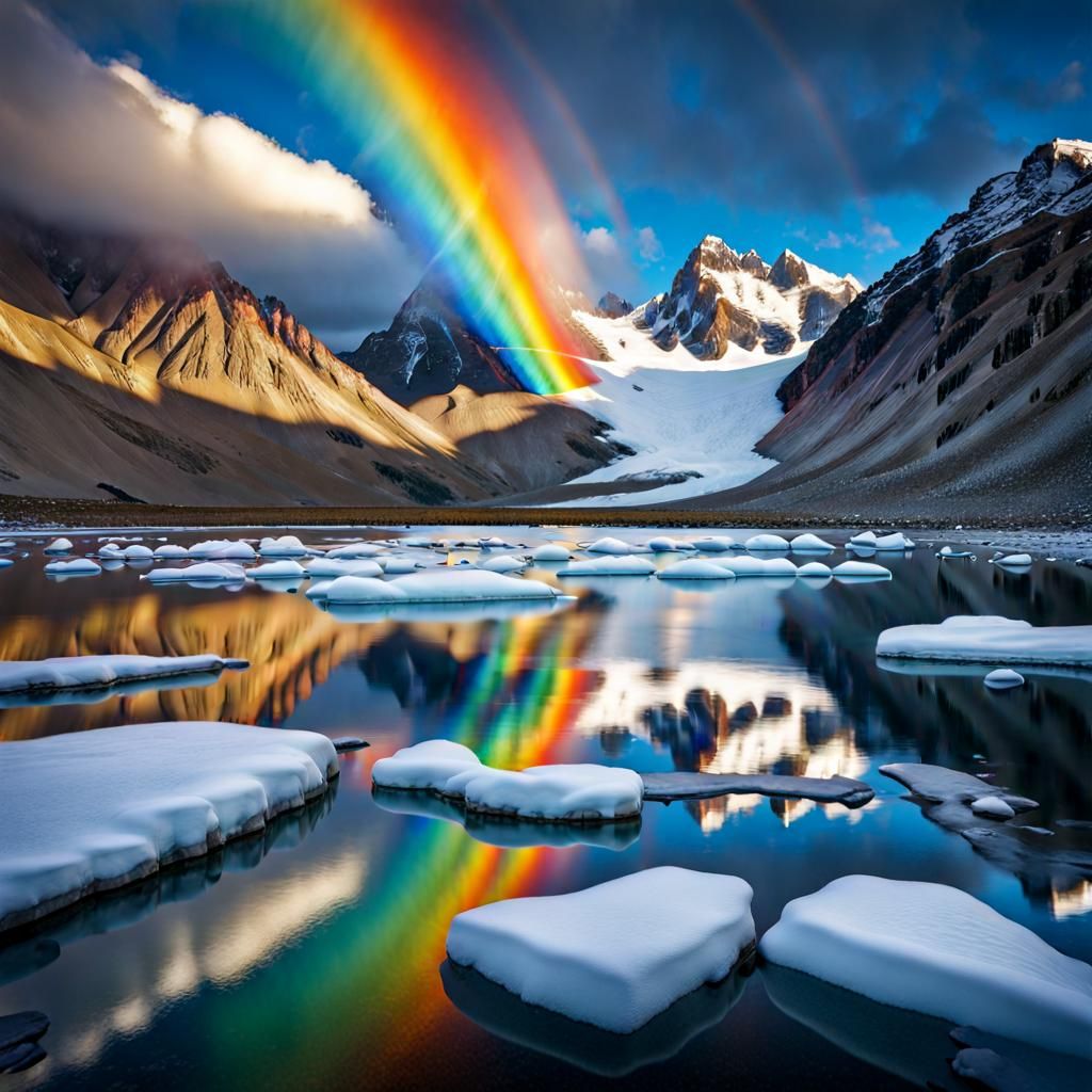 Double Rainbow Over Snowy Mountains Reflection