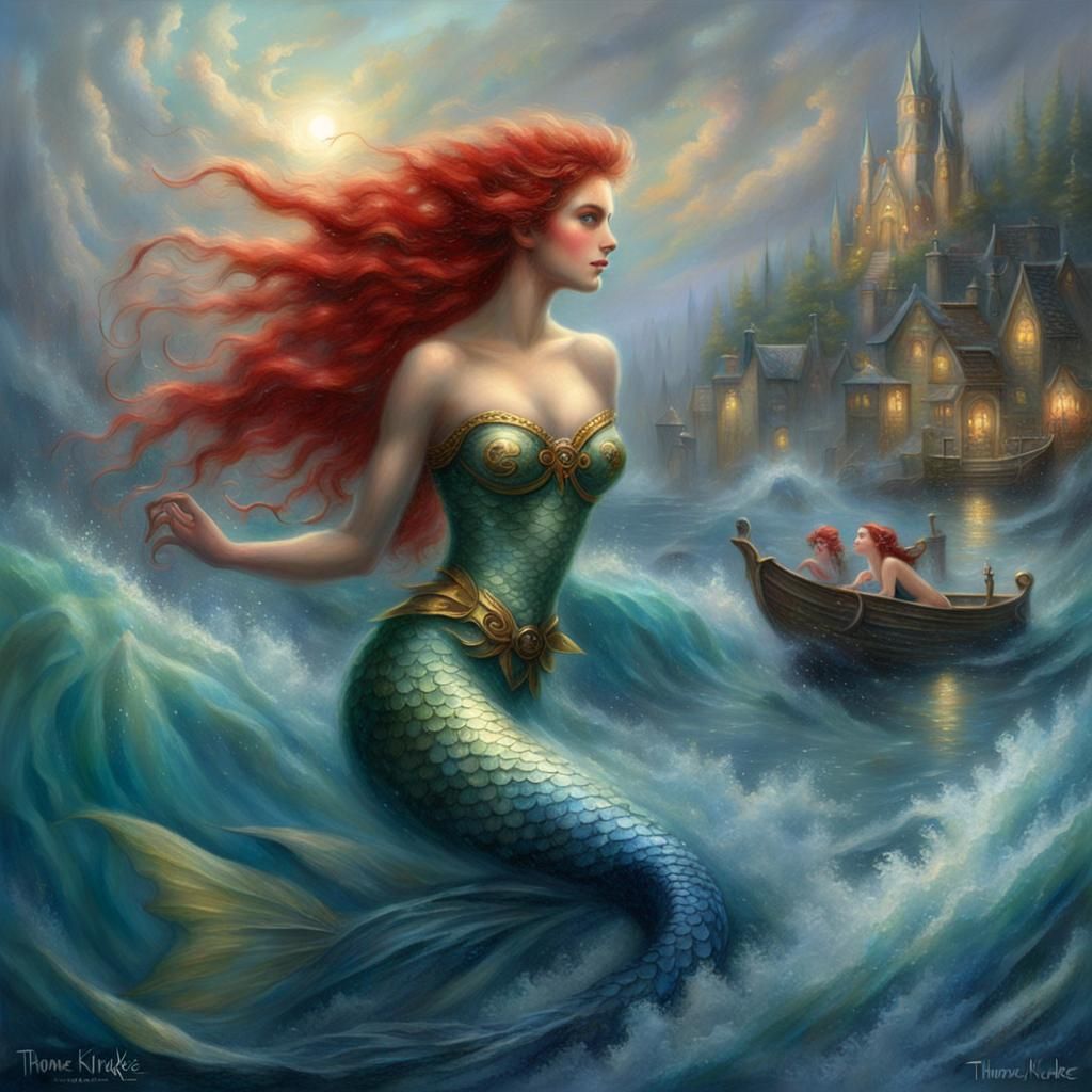 Red and Blue Haired Mermaids in Ethereal Fantasy