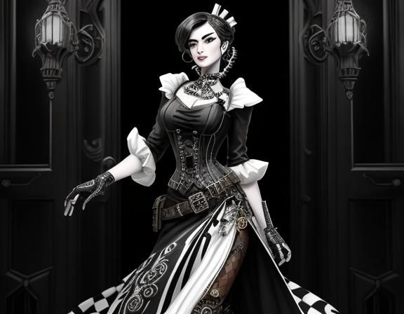 Steampunk Woman in Pop Art Style Doorway