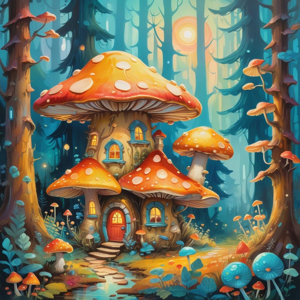Vibrant Mushroom House in Whimsical Bioluminescent Forest