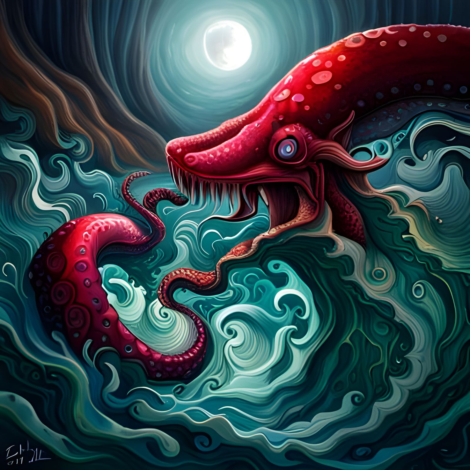 Demonic Kraken in Junji Ito Style Graffiti Art