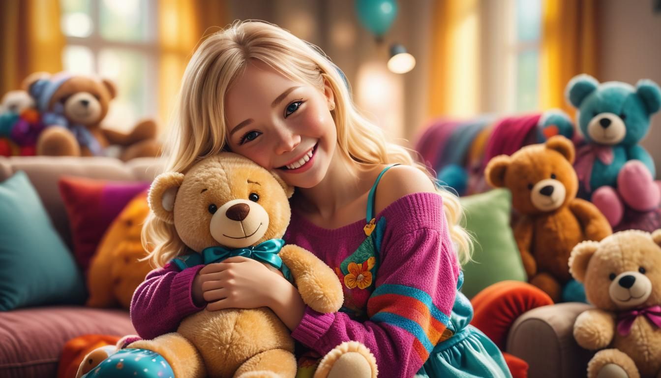 Girl Hugging Teddy Bear in Dreamcore Style