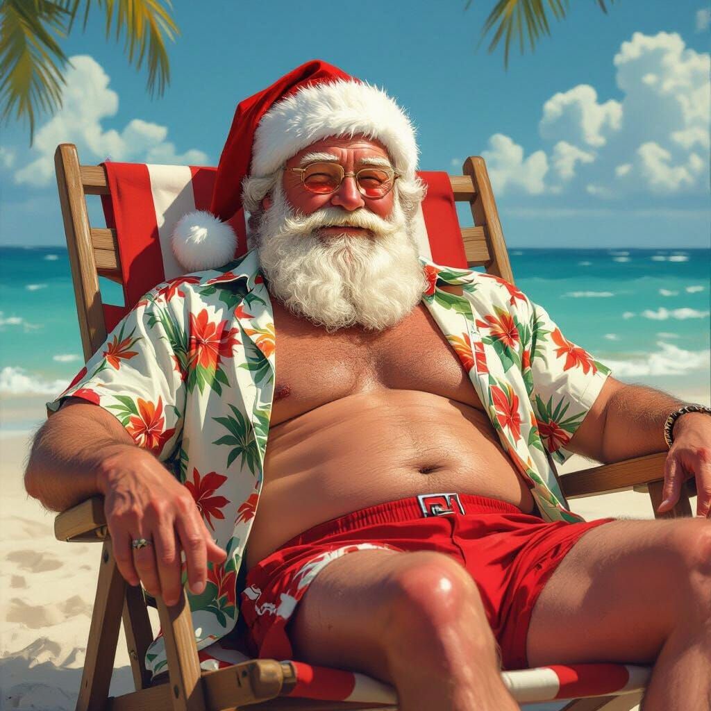 Santa Sunburned Lounging on a Tropical Beach