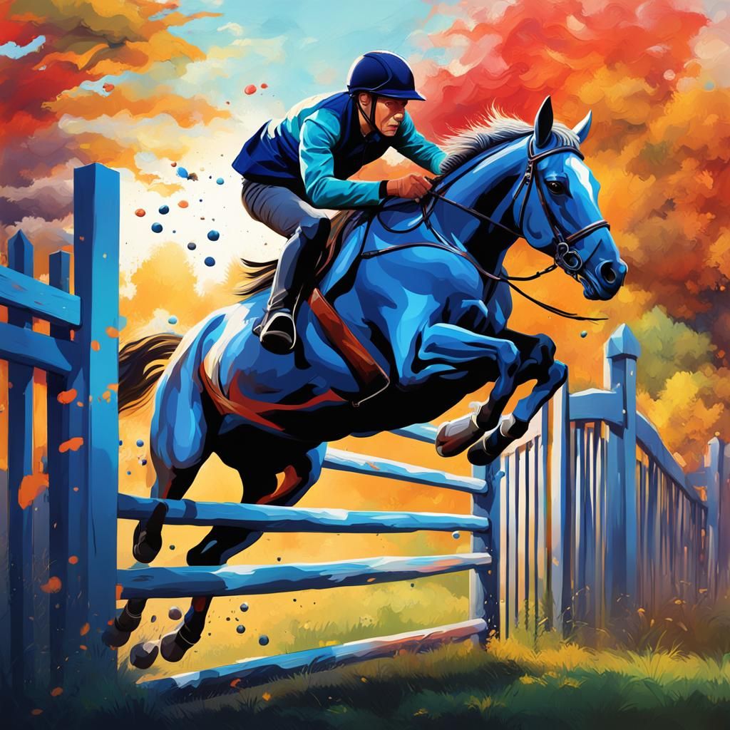 Horse Jumping Fence in Hyperrealistic Splash Art