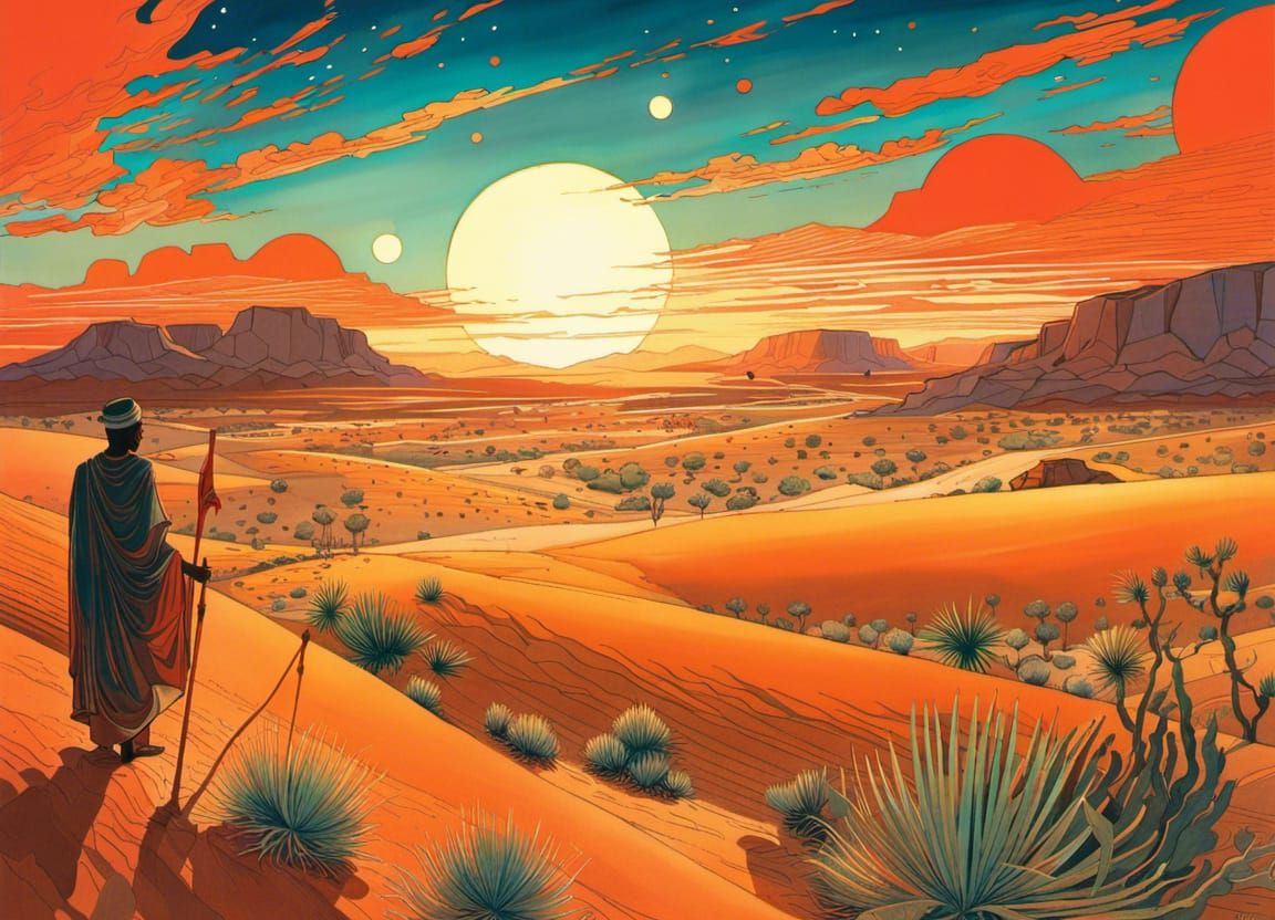 African Desert Sunset: Manga Watercolor Painting