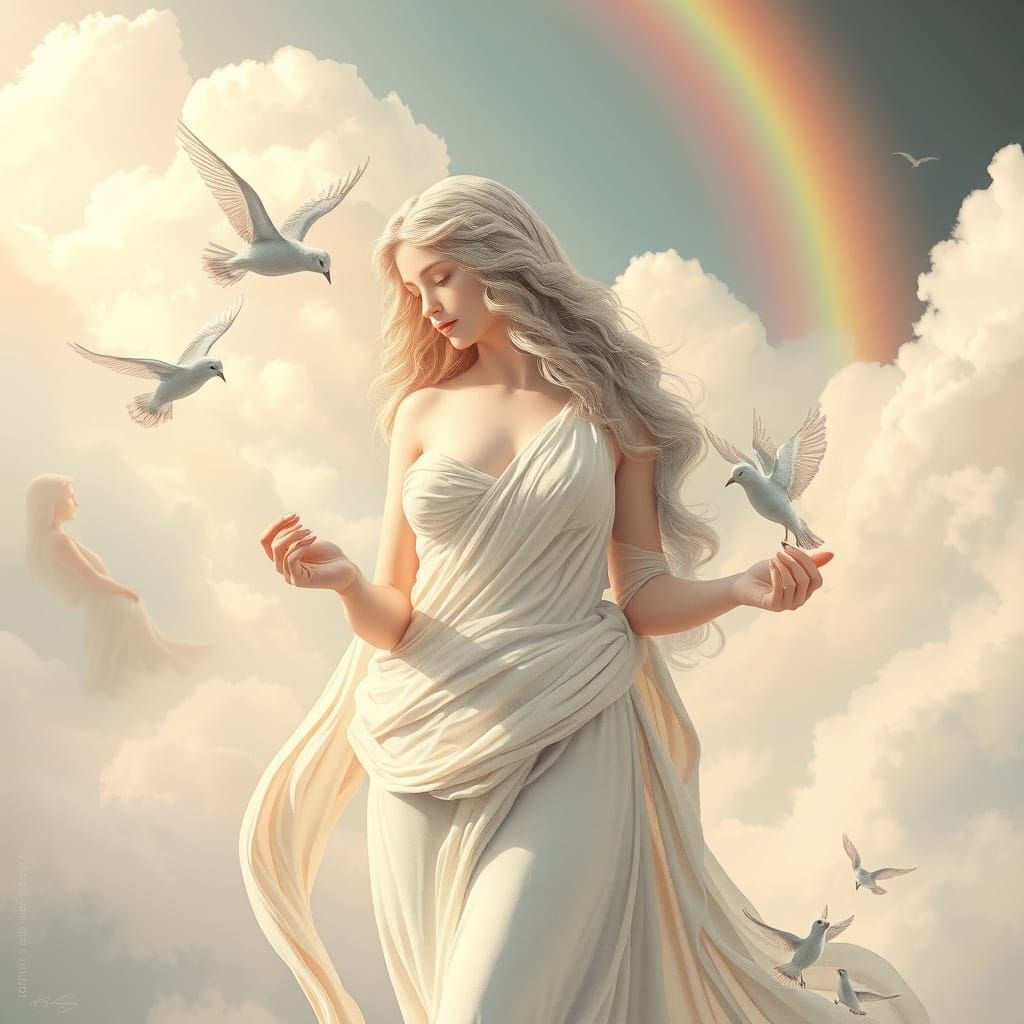 Aphrodite Feeds Birds in Pastel Watercolor Style