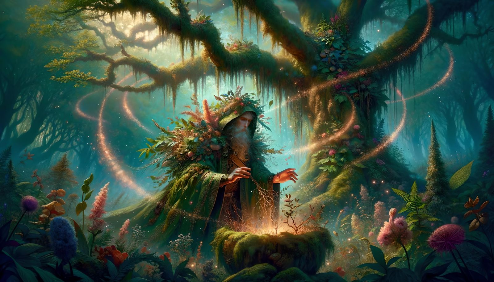 Mystical Druid Tending Bloodoak in Magical Grove