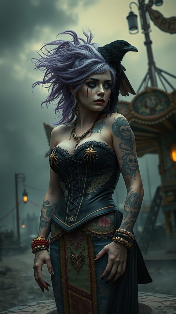 Mystical Fortune Teller in a Ruined Carnival Landscape