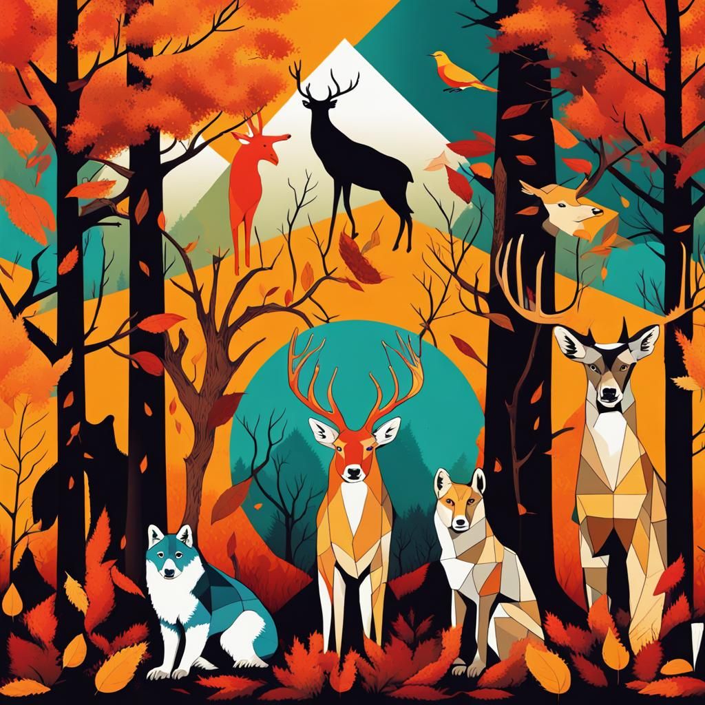 Animals in Autumn Forest: Pop Art Screen Print