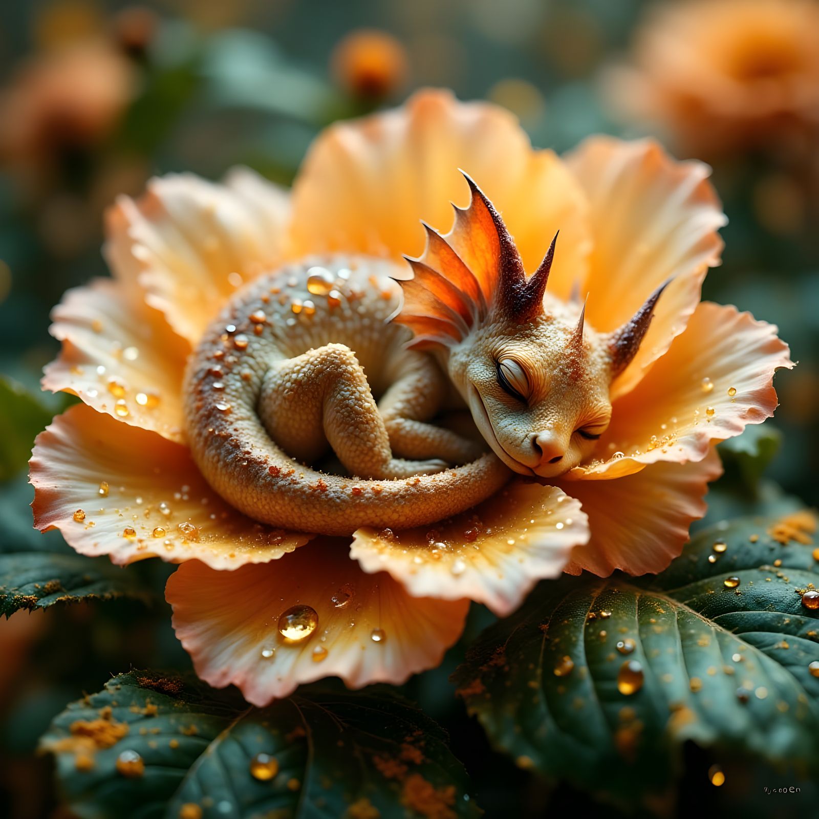 Surreal Flower Petal Dragon Slumbers in Ethereal Paradise