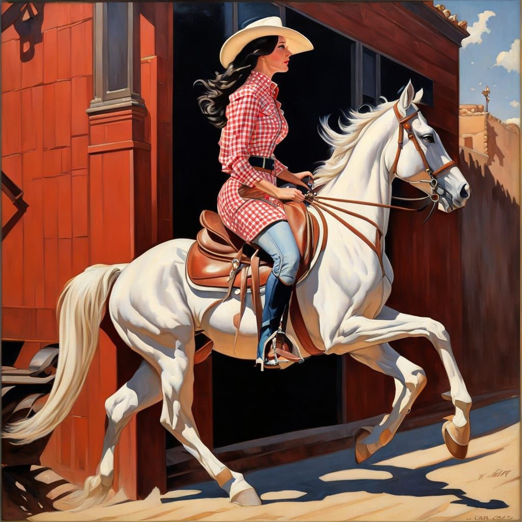 Art Deco Woman Rides White Horse