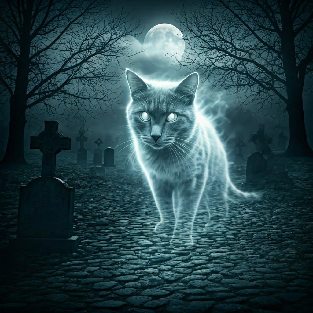 Ghostly Cat in Graveyard Under Moonlight