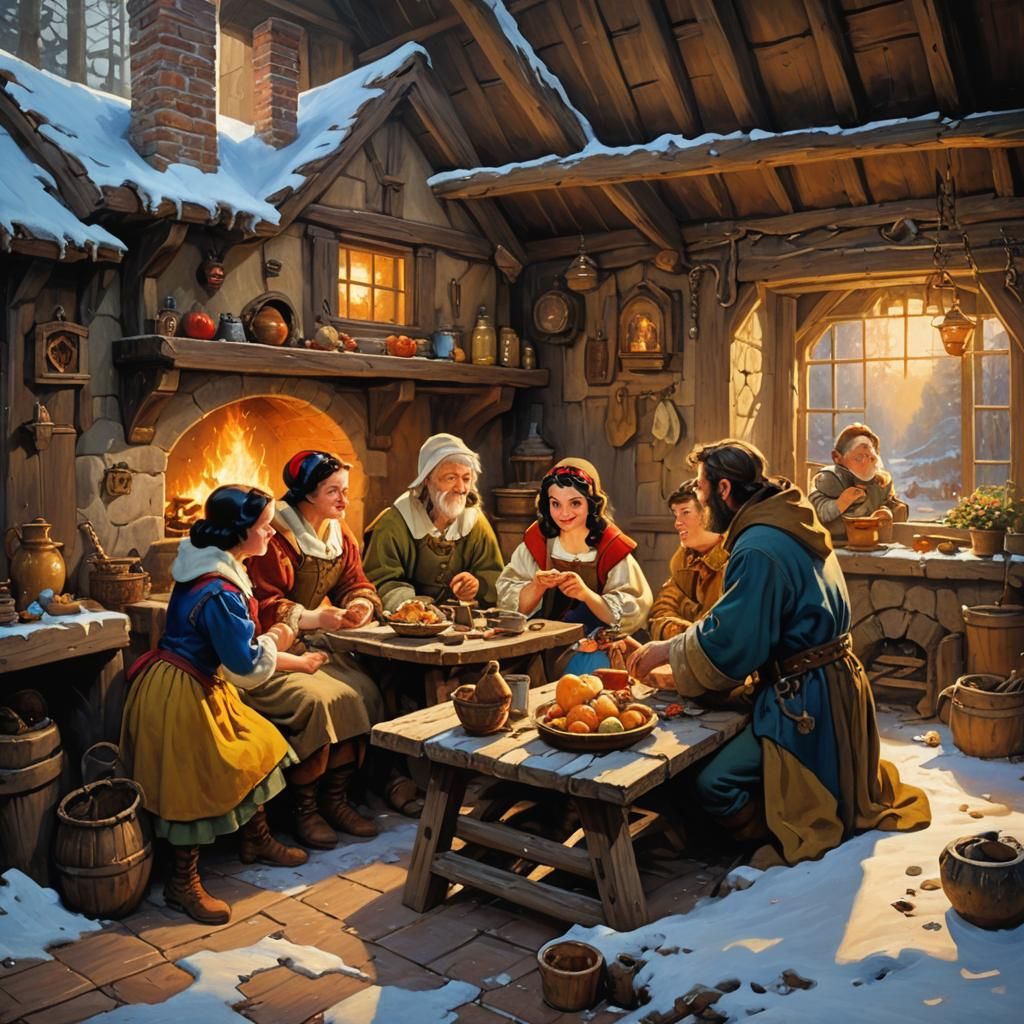 Snow White and Dwarves: Cozy Oil Painting