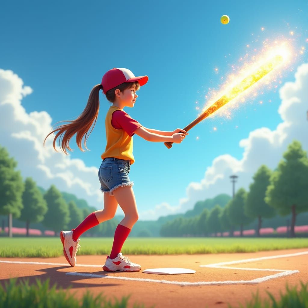 Girl Hits Glowing Softball in Energetic Concept Art