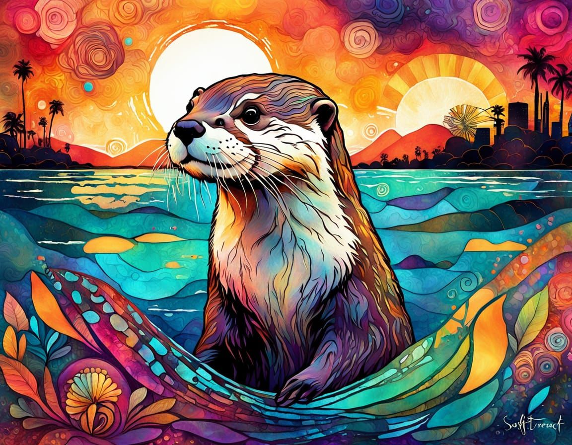 Dynamic Mixed Media Otter at Vibrant Sunset
