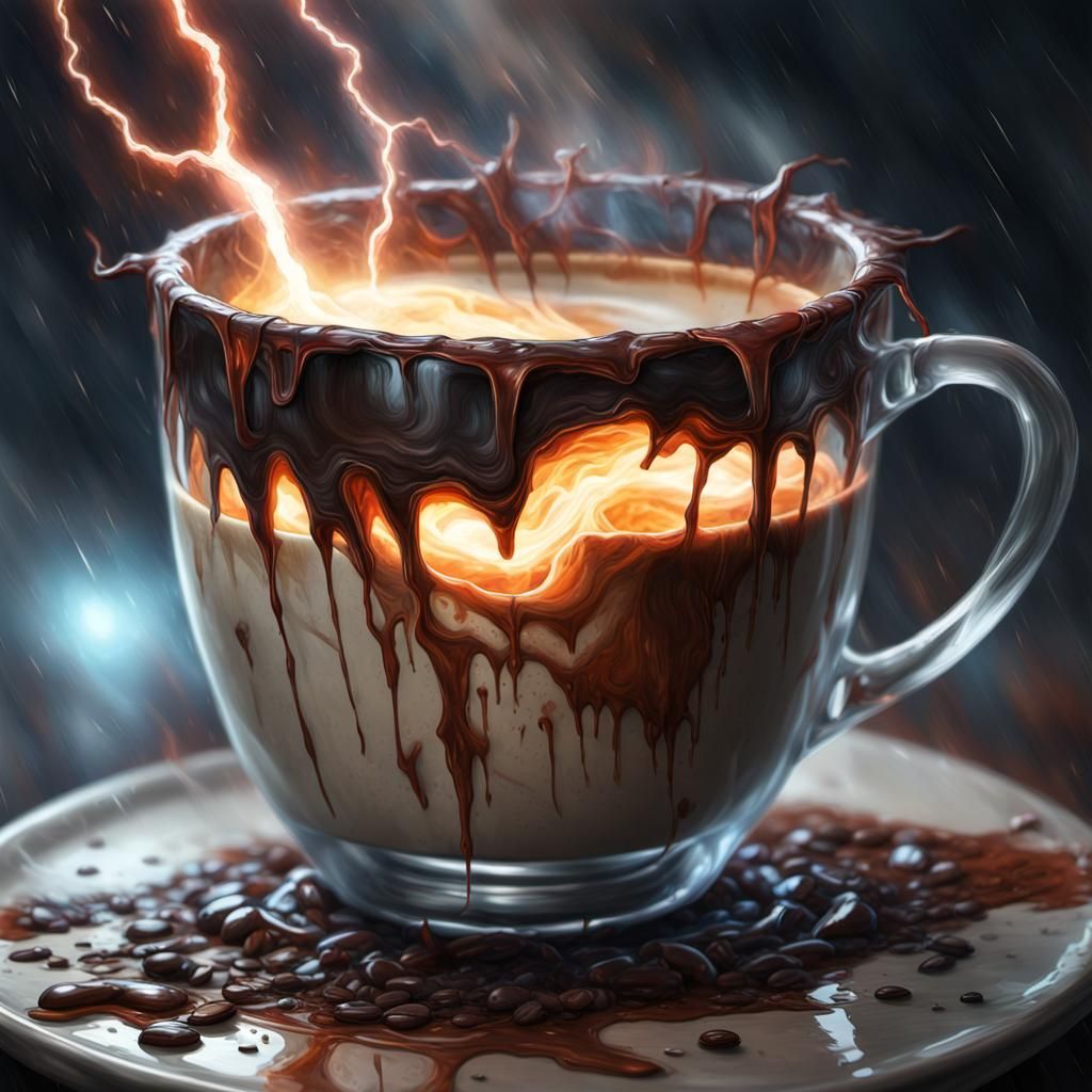 Grotesque Coffee Cup with Space Lightning, Impasto Painting