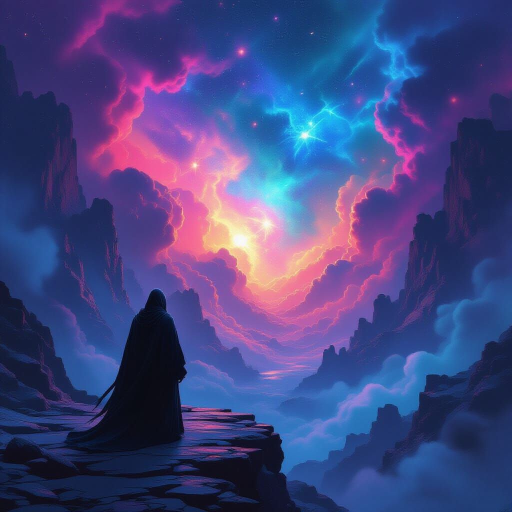 Lone Figure Confronts Cosmic Nebula in Graffiti Art Style