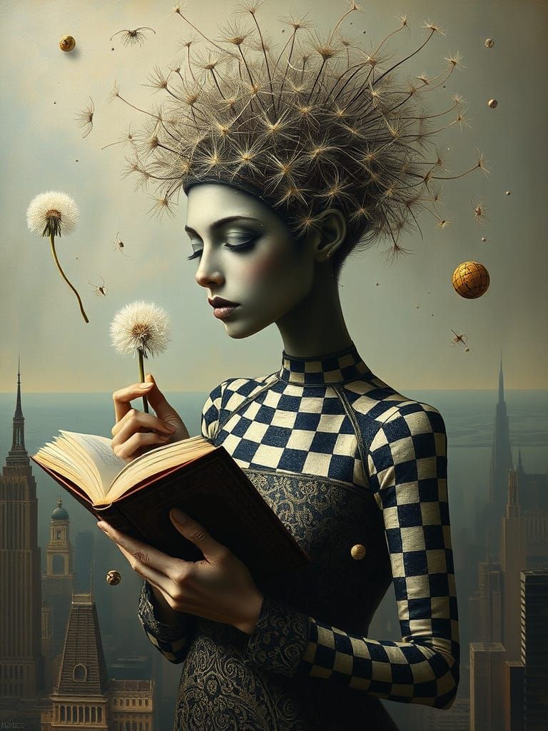 Dandelion Woman with Book in Sci-Fi Surrealism Style