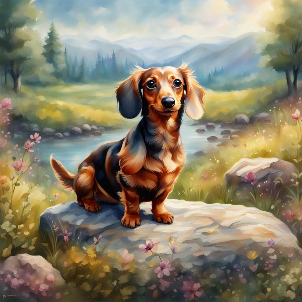 Cute Dachshund in Hyperreal Watercolor Oil Painting