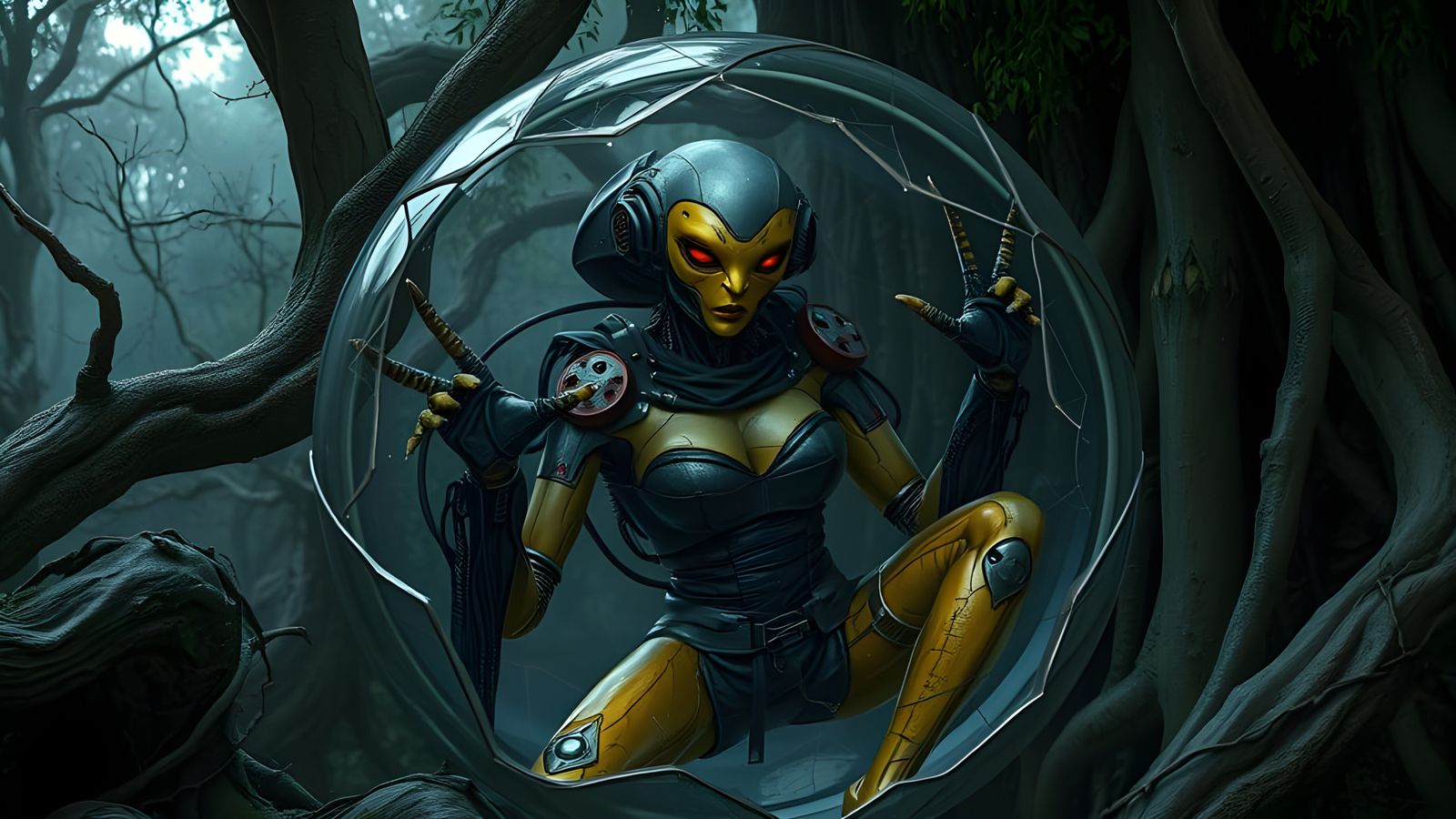 Cybernetic Horror Goddess in Ancient Woodland Glass Prison