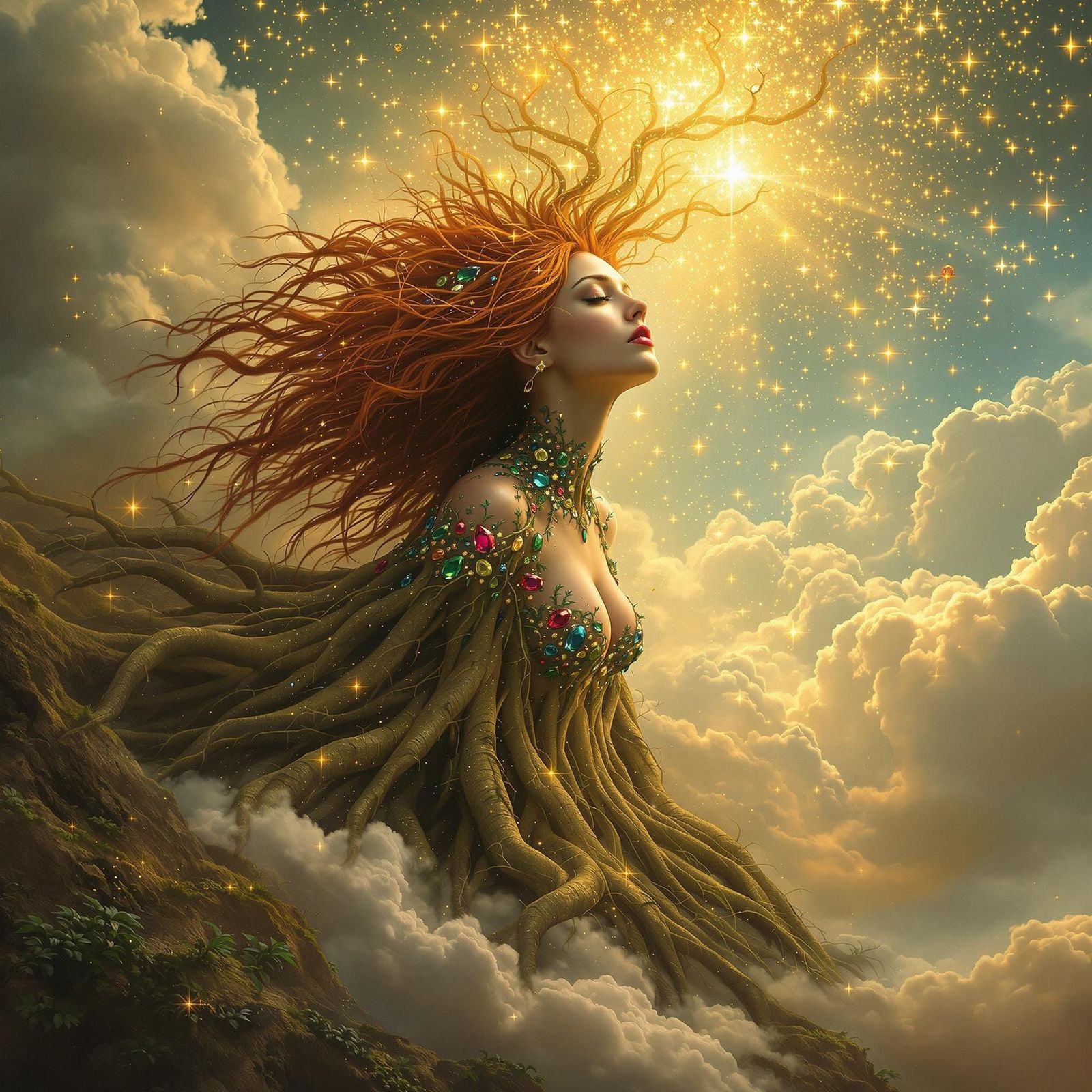 Mystical Earth Goddess Rises with Jeweled Hair in Ethereal G...