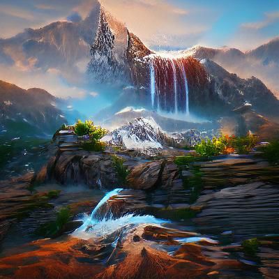 Fantastical Waterfall and Mountains Matte Painting