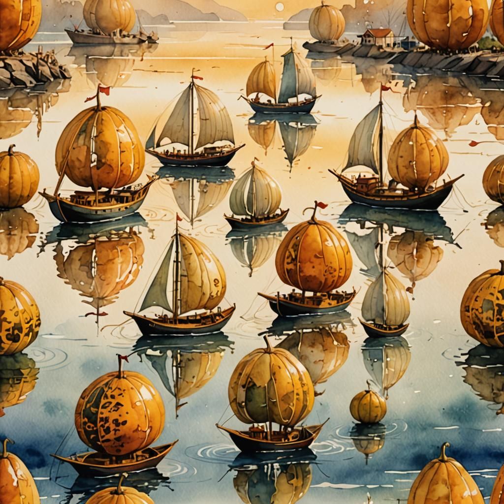 Gourd Ships Sailing a Serene Sea in Watercolor