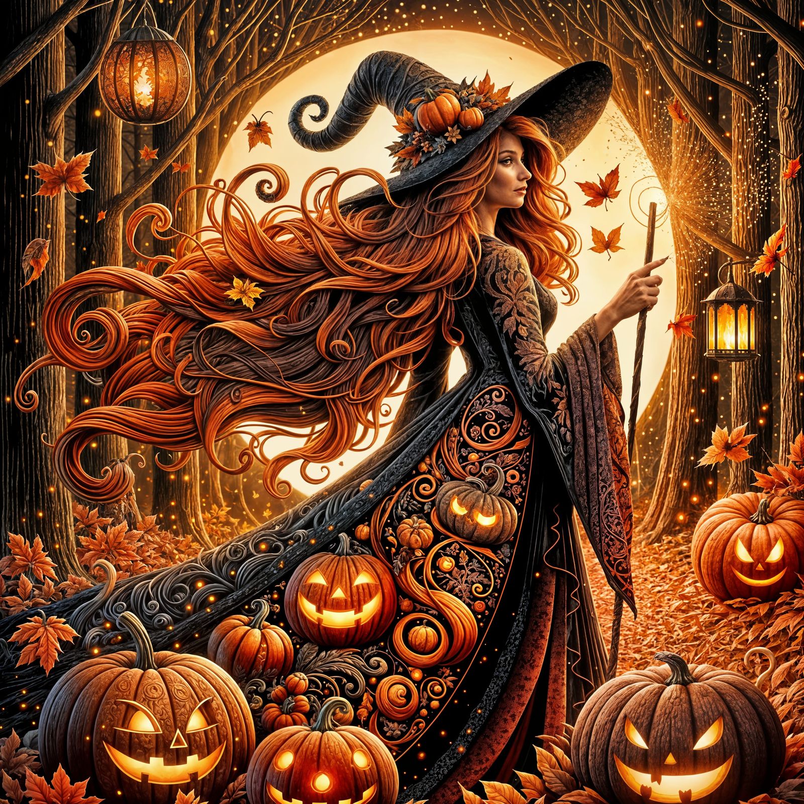 Hispanic Witch in Autumn Forest at Halloween