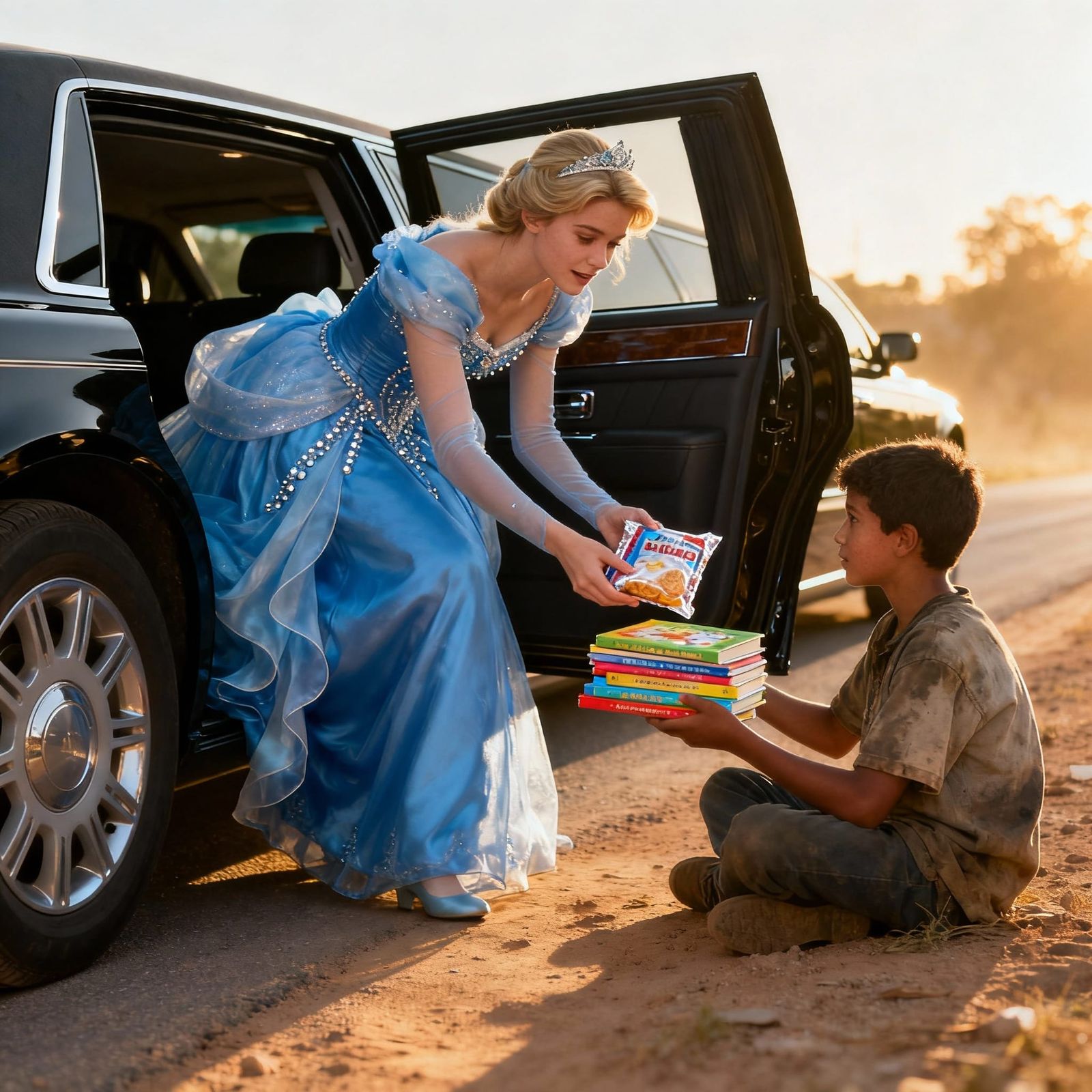 Princess Offers Books and Food to Boy