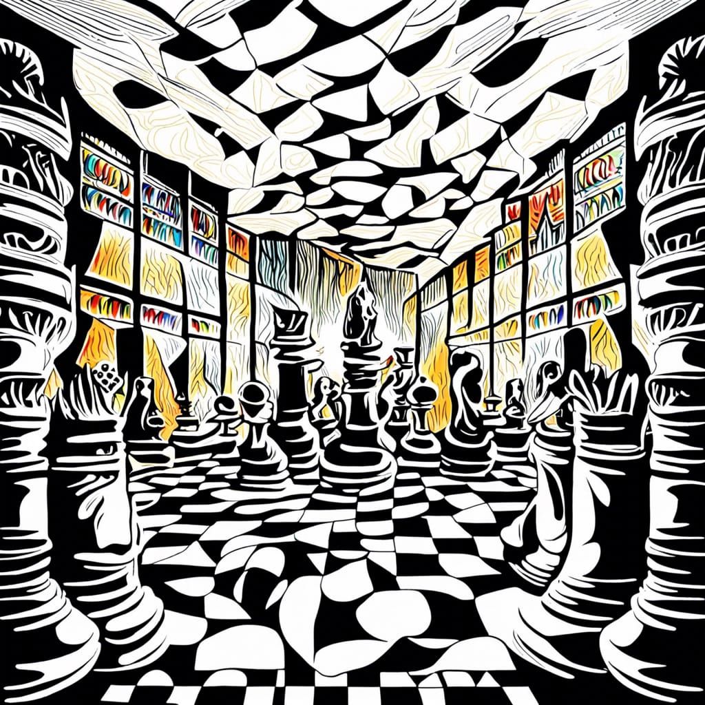 Hyperrealistic Chess Museum with Abstract Art Background