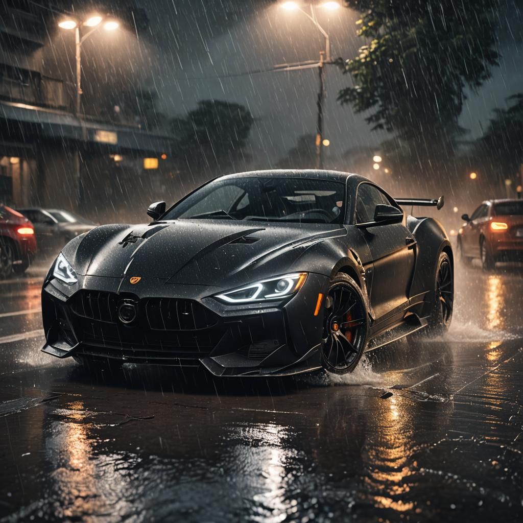 Matte Black Supercar Driving in Rain, Unreal Engine