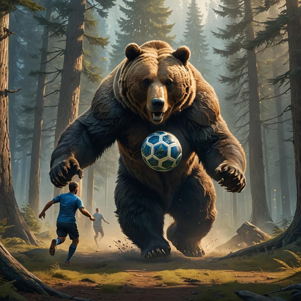 Grizzly Bear Chasing Soccer Player in Forest