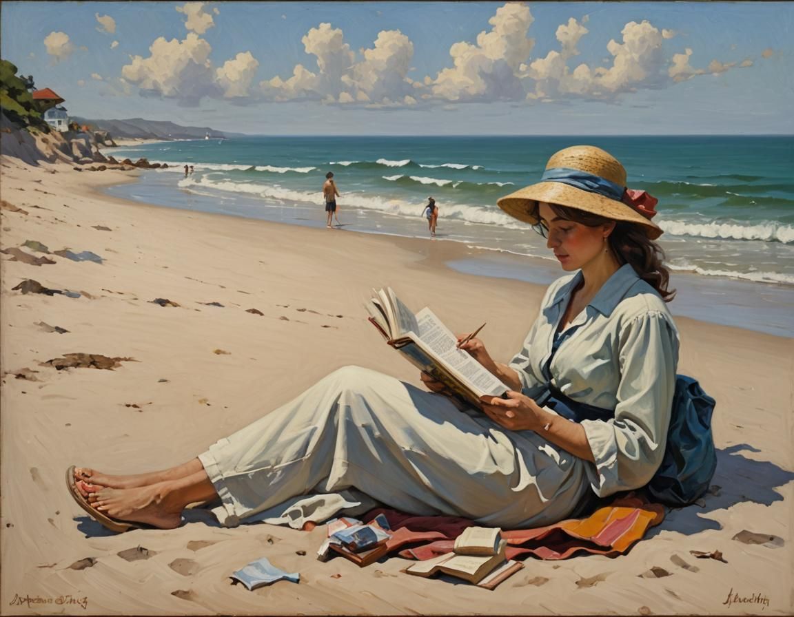 Beach Reader in Oil Painting Style