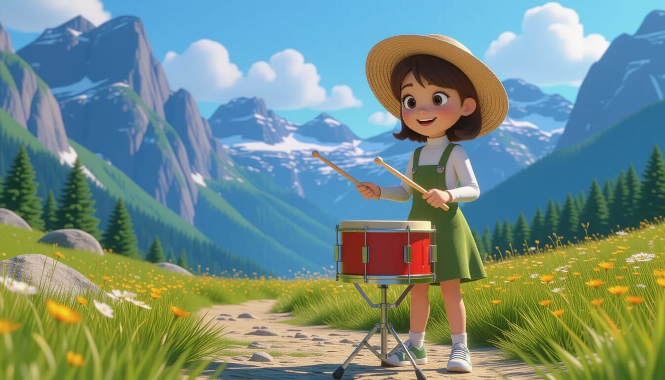 Cheerful Girl Drummer on Mountain Path, Pixar-style 3D