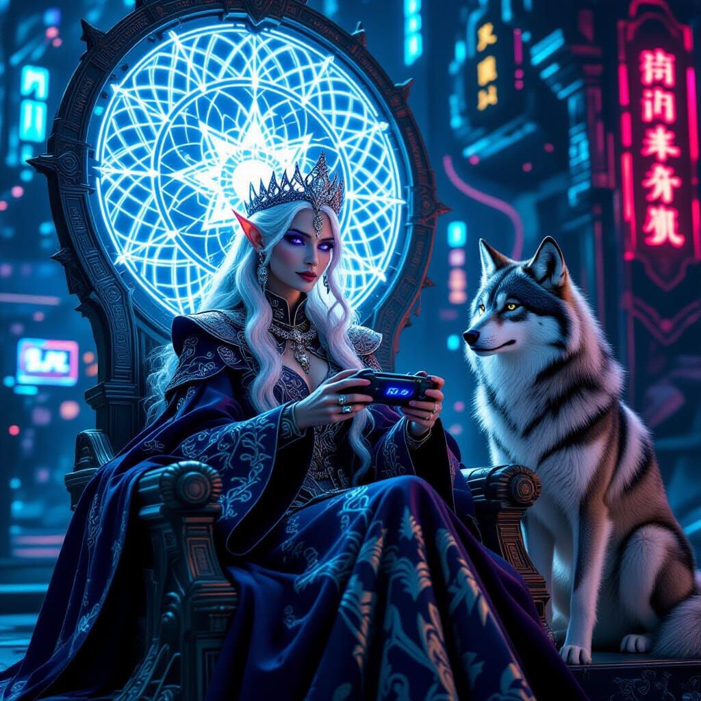 Elven Queen in Cyberpunk Attire Playing VR