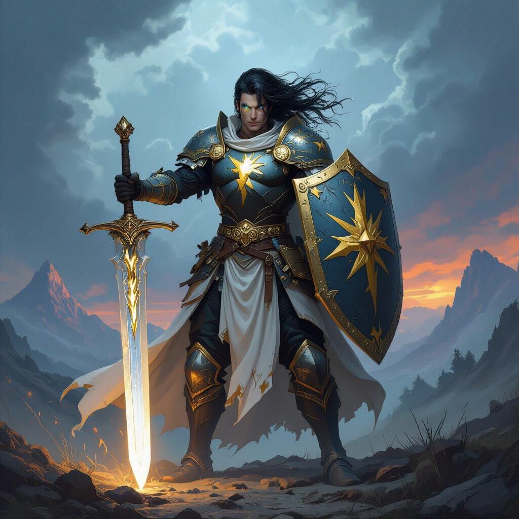 Aasimar Paladin in Stormy Landscape, in Fantasy Art Style